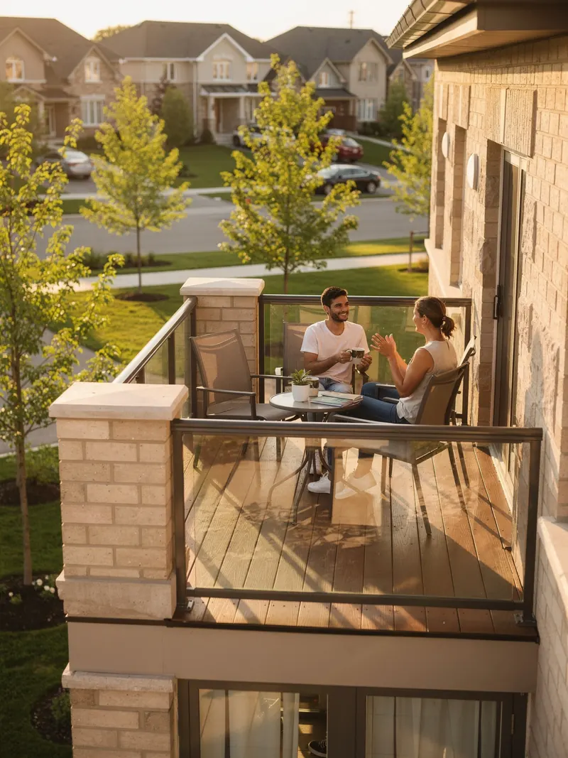 Couple enjoying morning coffee on a townhome terrace with glass railing