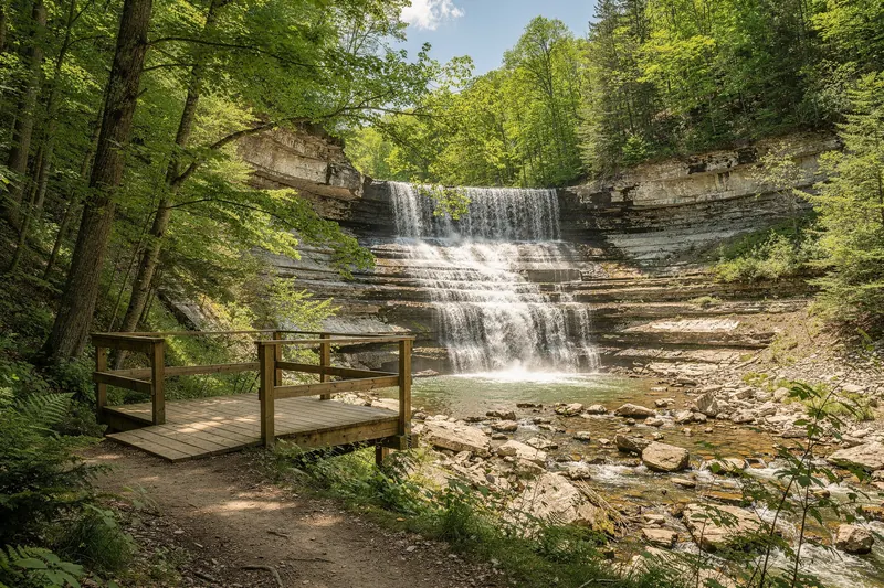 Waterfall over escarpment limestone surrounded by summer forest