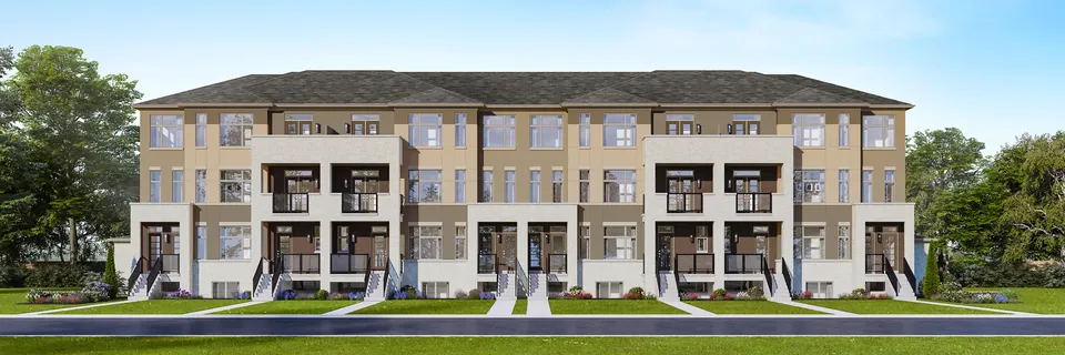 Front elevation of Luma stacked townhomes with stone and brick